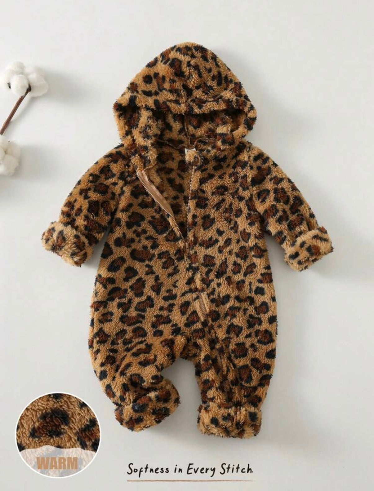 Cartoon Animal Leopard Print Thermal Lined Hooded Zip-Up Long Sleeve Jumpsuit, Suitable For Winter.