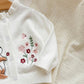 Girl Floral Cartoon Rabbit Embroidery Ruffle Trim Long Sleeve Single-Breasted Knit Cardigan, In Fall/Winter.