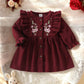 Floral Embroidered Ruffle Long Sleeve Puff Sleeve A-Line Dress.
