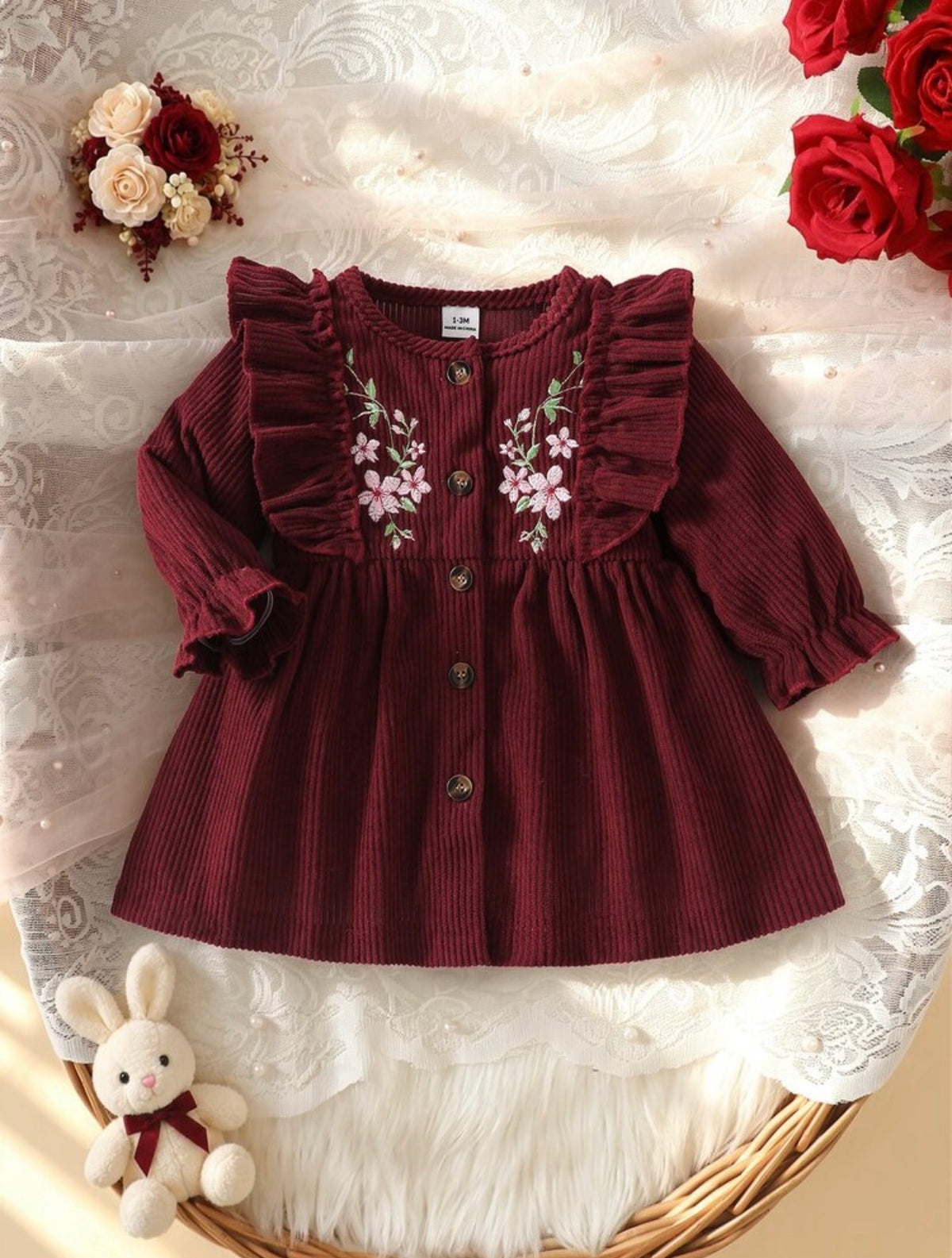 Floral Embroidered Ruffle Long Sleeve Puff Sleeve A-Line Dress.