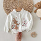 Girl Floral Cartoon Rabbit Embroidery Ruffle Trim Long Sleeve Single-Breasted Knit Cardigan, In Fall/Winter.