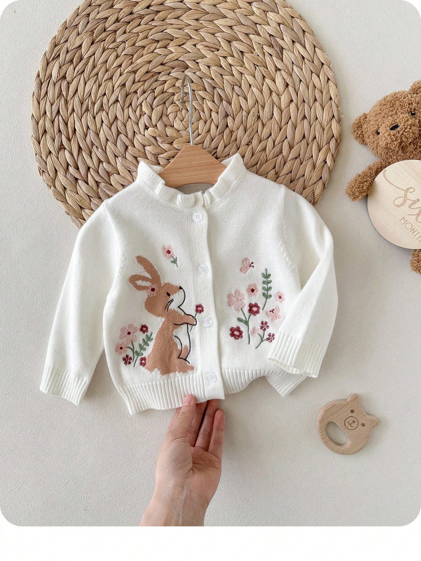 Girl Floral Cartoon Rabbit Embroidery Ruffle Trim Long Sleeve Single-Breasted Knit Cardigan, In Fall/Winter.