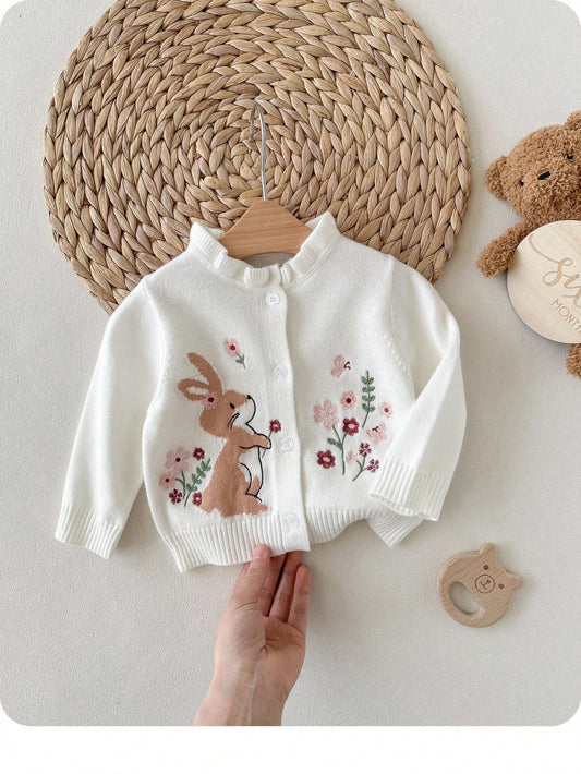 Girl Floral Cartoon Rabbit Embroidery Ruffle Trim Long Sleeve Single-Breasted Knit Cardigan, In Fall/Winter.