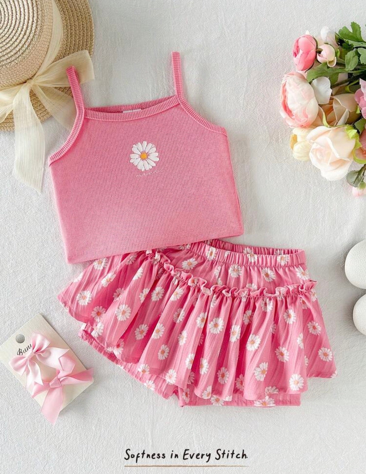 Girl Summer Squish Cute Daisy Print Loose Outfit.