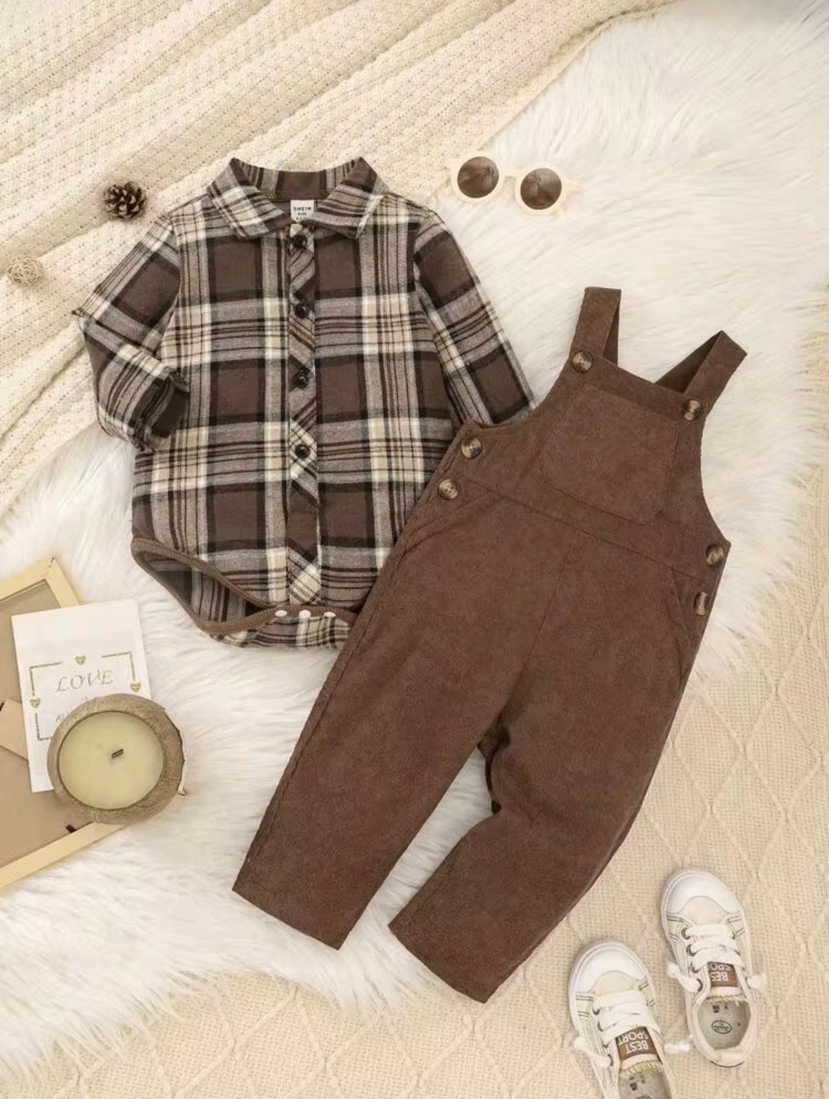 Kids 2pc,  Baby Boy Brown Plaid Autumn Cute Modest Matching Family Corduroy Bib Overalls Set.