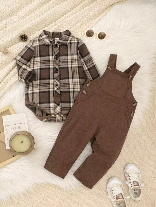 Kids 2pc,  Baby Boy Brown Plaid Autumn Cute Modest Matching Family Corduroy Bib Overalls Set.