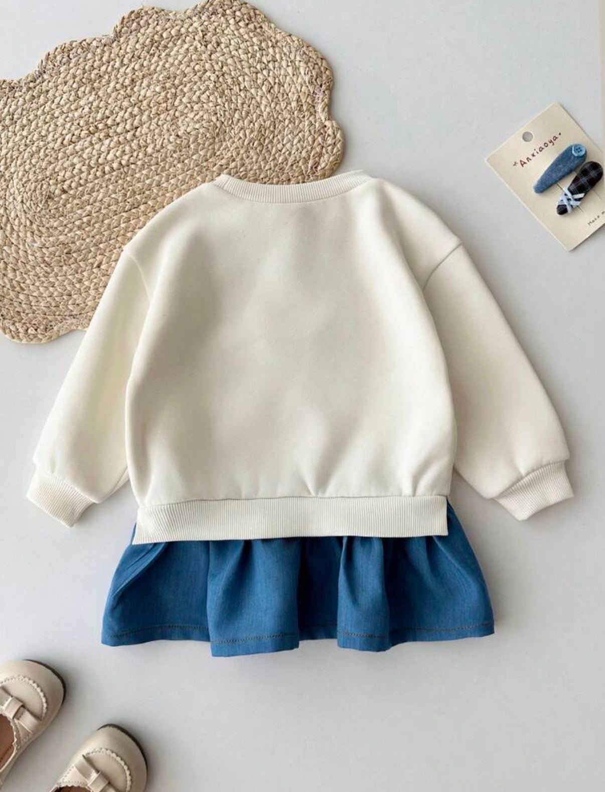 Girl 3D Cartoon Bear Bow Round Neck Sweatshirt Denim-Like 2 In 1 Dress.