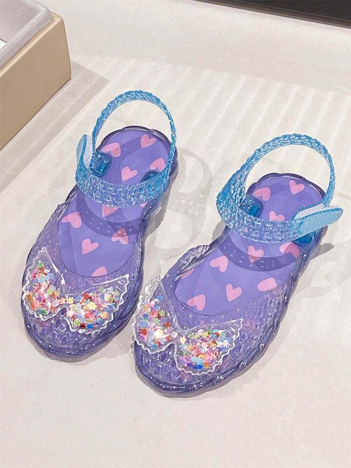 Jelly Crystal Sandals For Girls, Closed Toe Summer Kids Sandals With Sequin Wing Accessories.