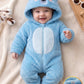 Cute 3D Big Ear Design, Blue Coral Fleece Hooded Long Sleeve Winter Romper.(Delivery By 15th October)