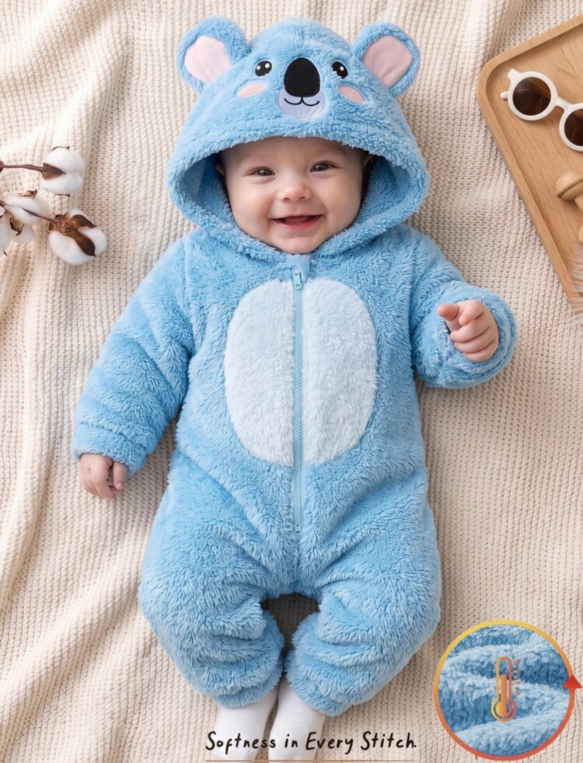 Cute 3D Big Ear Design, Blue Coral Fleece Hooded Long Sleeve Winter Romper.(Delivery By 15th October)