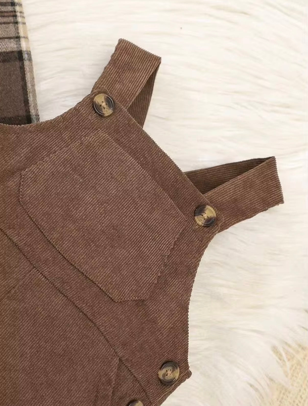 Kids 2pc,  Baby Boy Brown Plaid Autumn Cute Modest Matching Family Corduroy Bib Overalls Set.