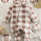 Plush Brown Vintage Plaid Pattern Long Sleeve Hoodie Footed Romper With Front Zipper Closure.