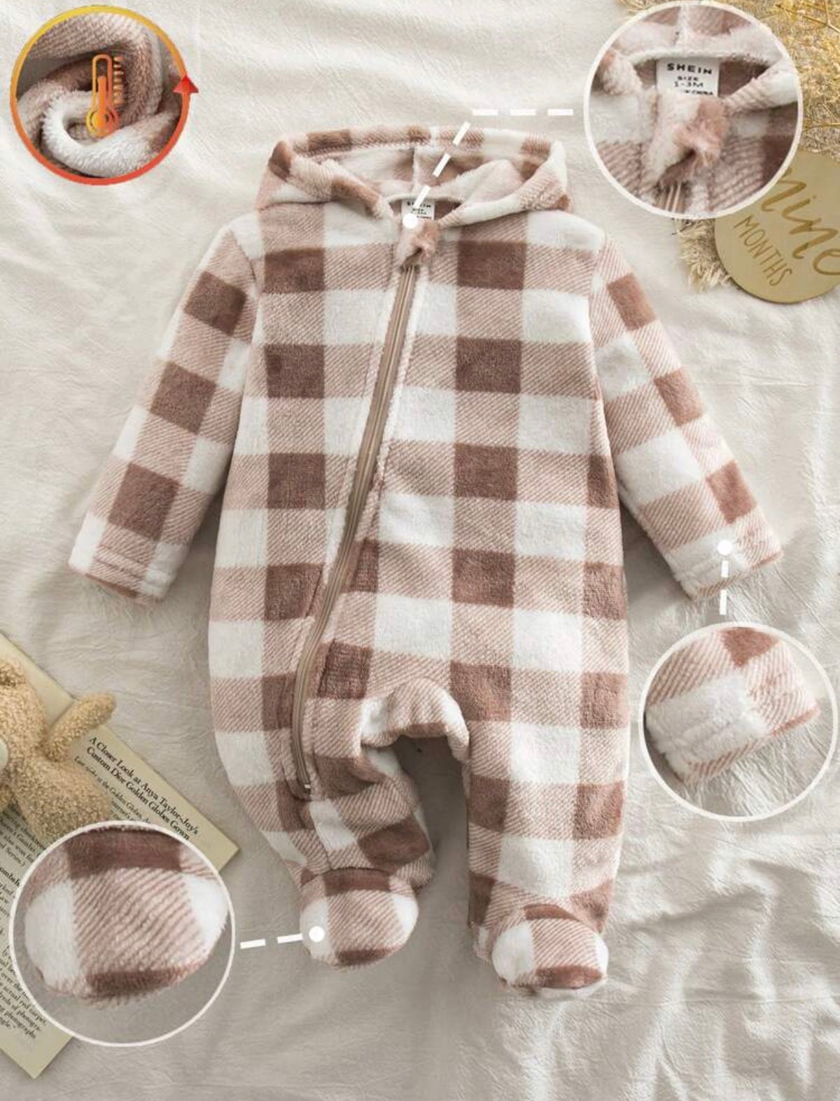 Plush Brown Vintage Plaid Pattern Long Sleeve Hoodie Footed Romper With Front Zipper Closure.