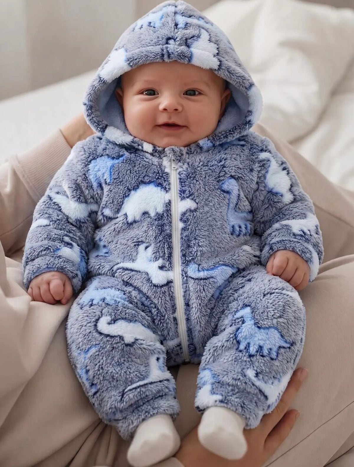 Dinosaur Print Zip Up Hooded Flannel Pajama Autumn Winter Jumpsuit.