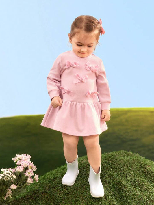 Girls' Bowknot Long Sleeve Dress, Autumn