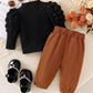 2pc Girl Black Puff Sleeve Top With Mid-High Collar And Bow Decoration Elastic Cuffed Pants Set.