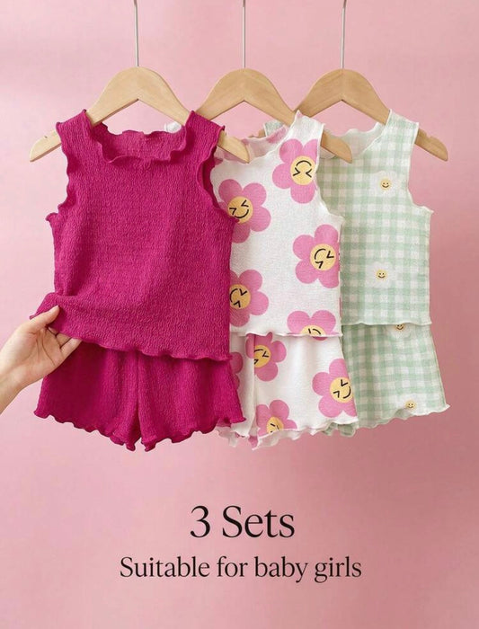 3 Sets Baby Girls Clothes Matching Pink Floral Plaid Graphic Tee Sleeveless Tank Tops Shorts (Two Pieces Outfits)