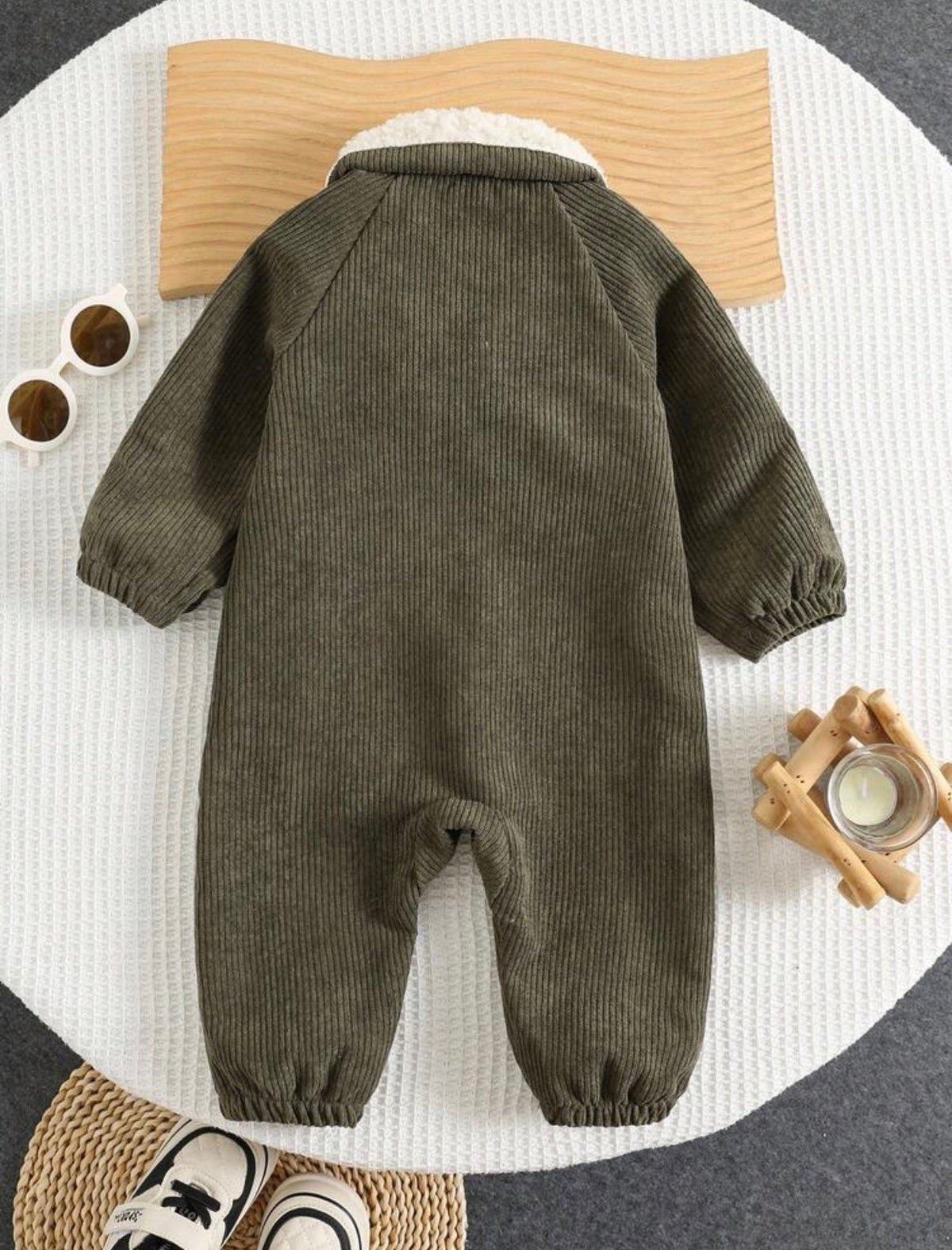 Baby Boy/Girl Green Corduroy Thermal Lined Hooded, Autumn Jumpsuit.
