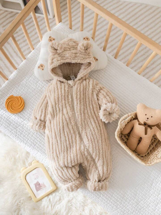 Beige Plush Hoodie Jumpsuit With Adorable 3D Bear Ear Decoration