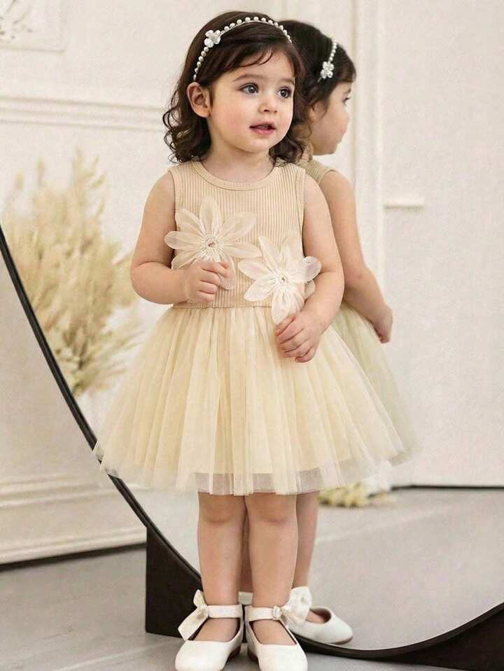 2pcs/Set Baby Girl Spring&Summer Elegant Style Flower Decoration Sleeveless Top&Wesh Short Skirt.