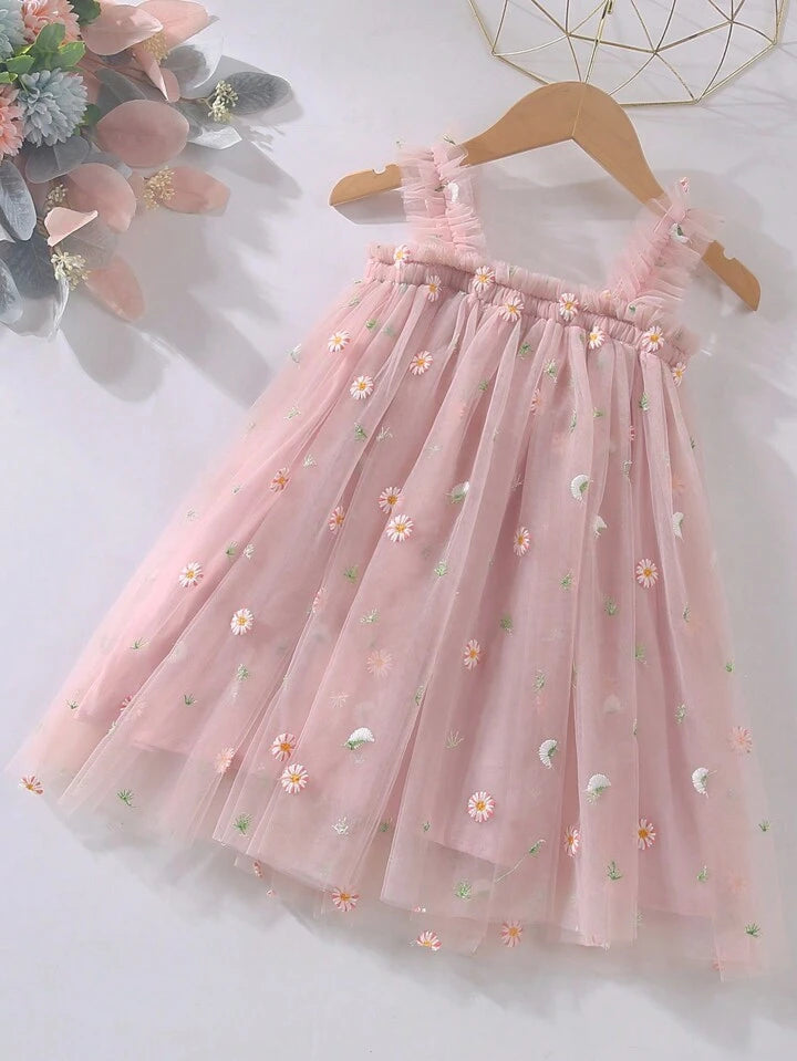Baby Girls & Girls Elegant Cute Casual Embroidered Mesh Dress, Spaghetti Strap.