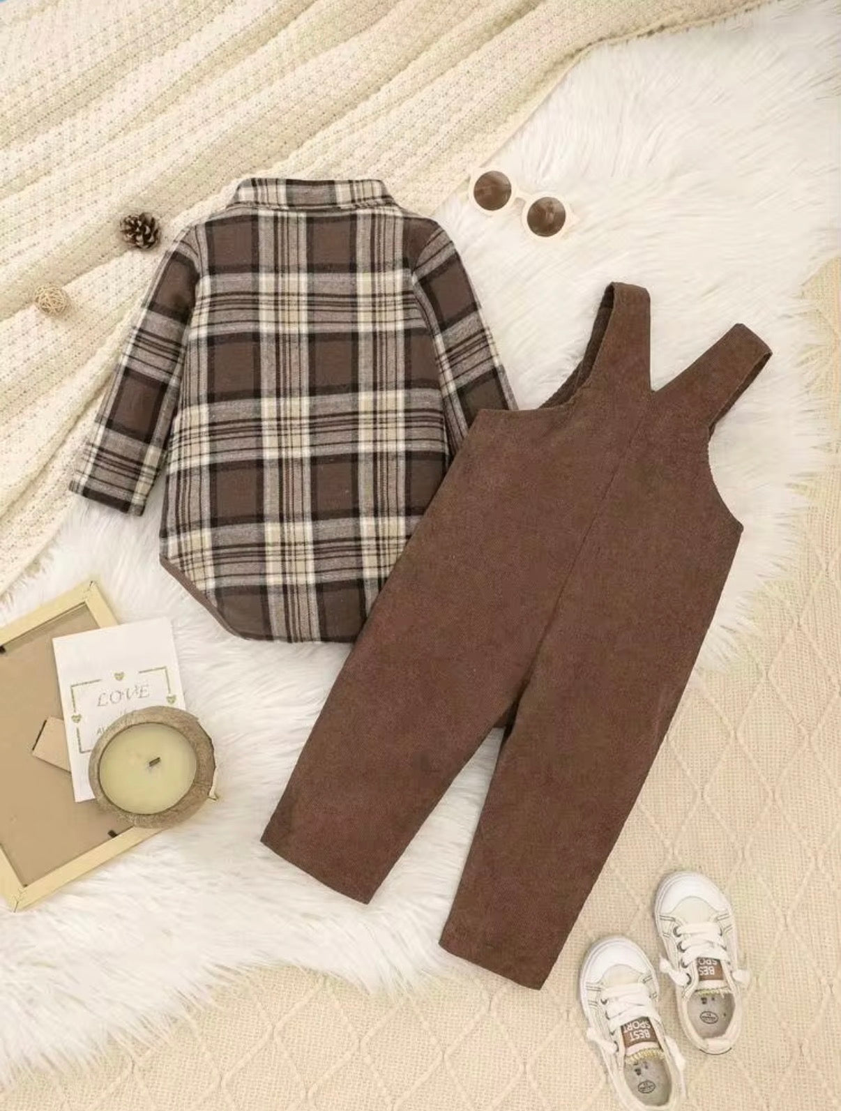 Kids 2pc,  Baby Boy Brown Plaid Autumn Cute Modest Matching Family Corduroy Bib Overalls Set.