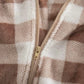 Plush Brown Vintage Plaid Pattern Long Sleeve Hoodie Footed Romper With Front Zipper Closure.