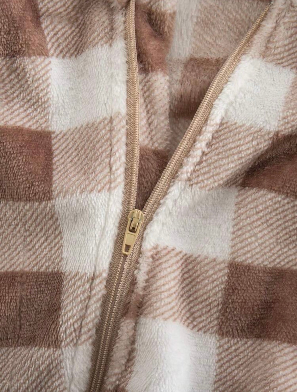 Plush Brown Vintage Plaid Pattern Long Sleeve Hoodie Footed Romper With Front Zipper Closure.
