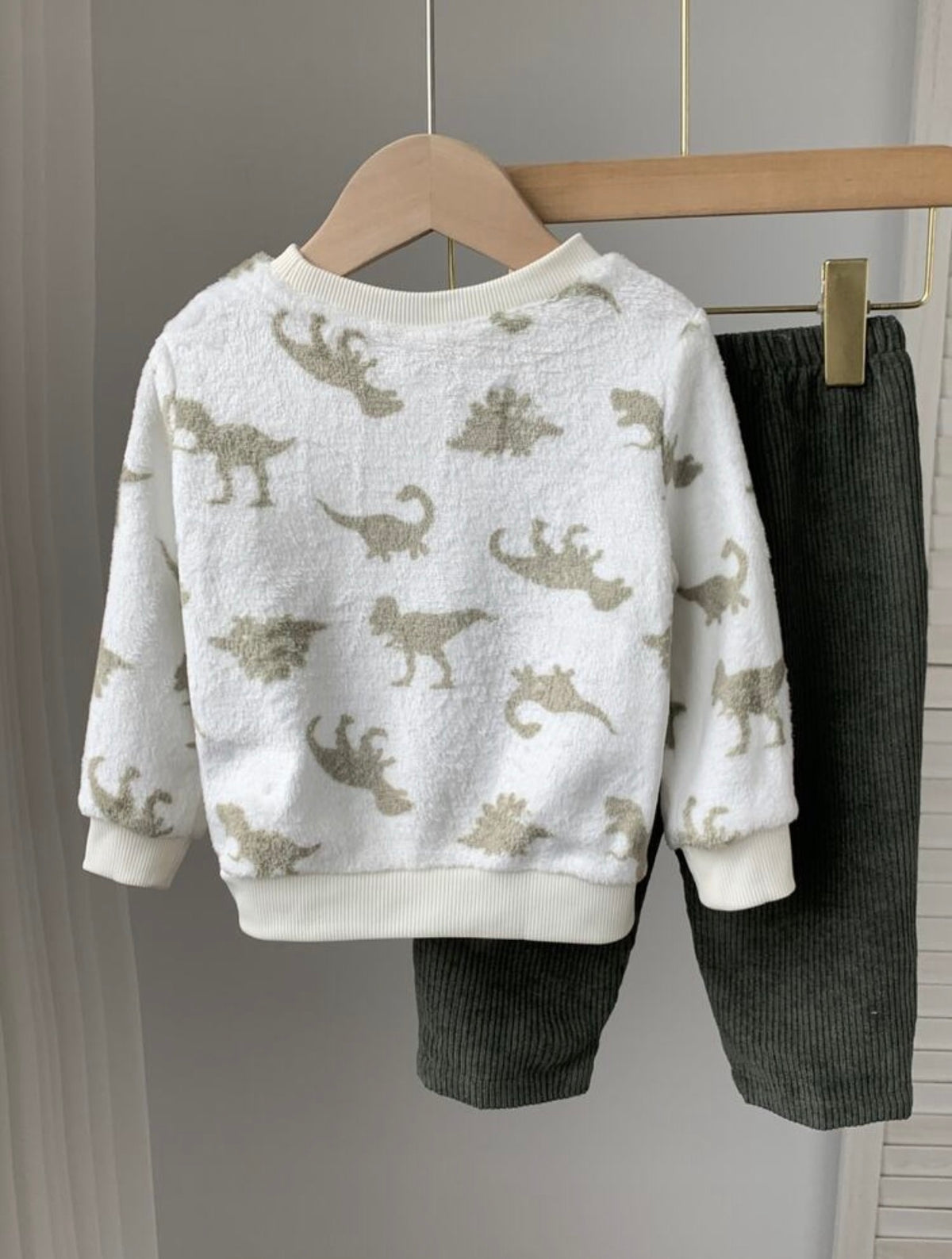 2pcs Baby Boy Dinosaur Print,  Fleece Crew Neck Long Sleeve Pullover Sweatshirt Elastic Waist Long Pants.