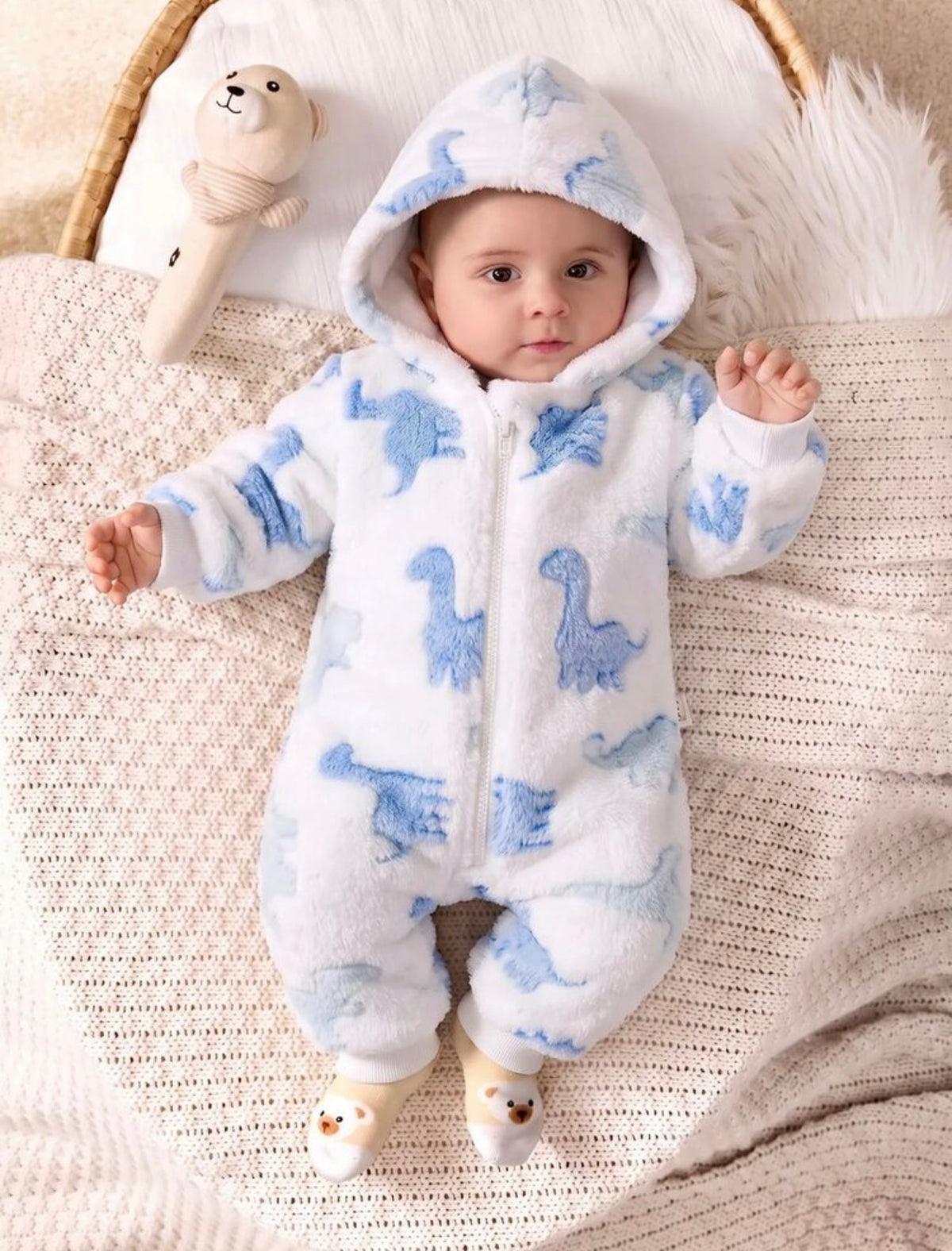Baby Boy Dinosaur Print Hooded  Winter Jumpsuit
