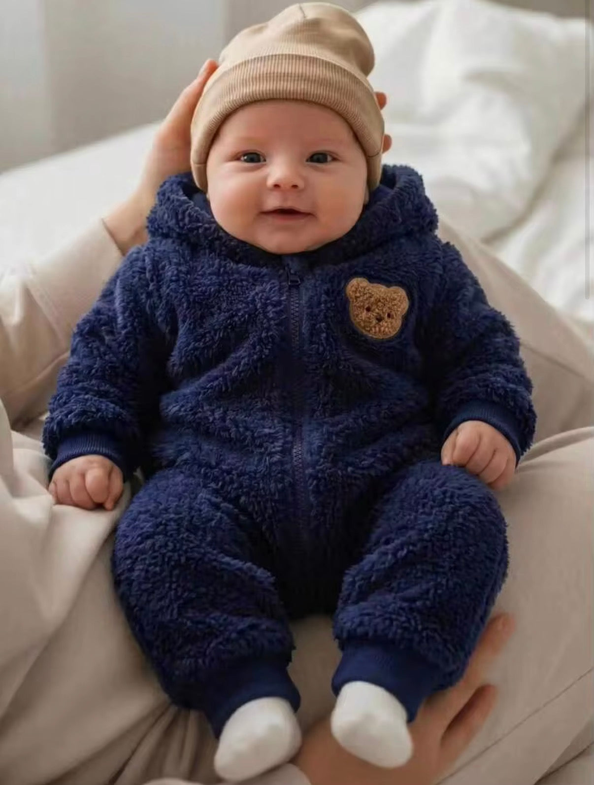 Baby Girl/Boy Cartoon Bear Pattern Thermal Lined Thick Hooded Long Sleeve Autumn Winter Jumpsuit