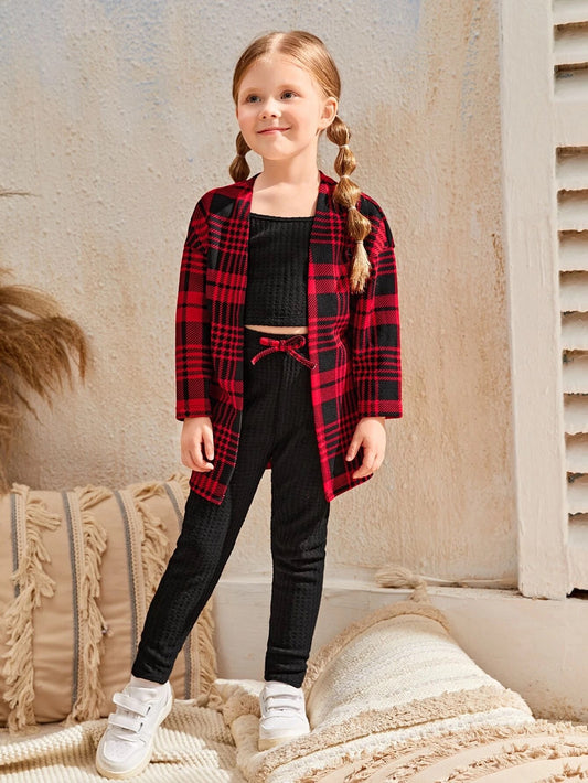 Young Girl Plaid Print Open Front Top & Cami Top & Leggings