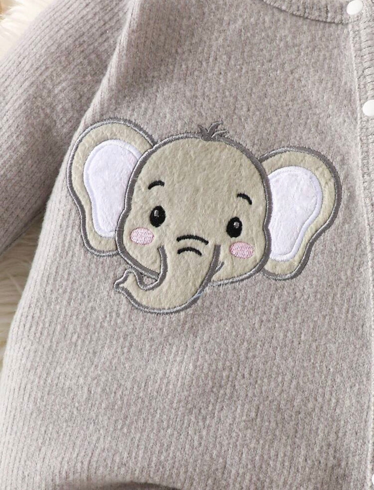 1pc Newborn Baby Footie Romper Elephant Embroidered Ribbed Long Sleeve Round Neck.