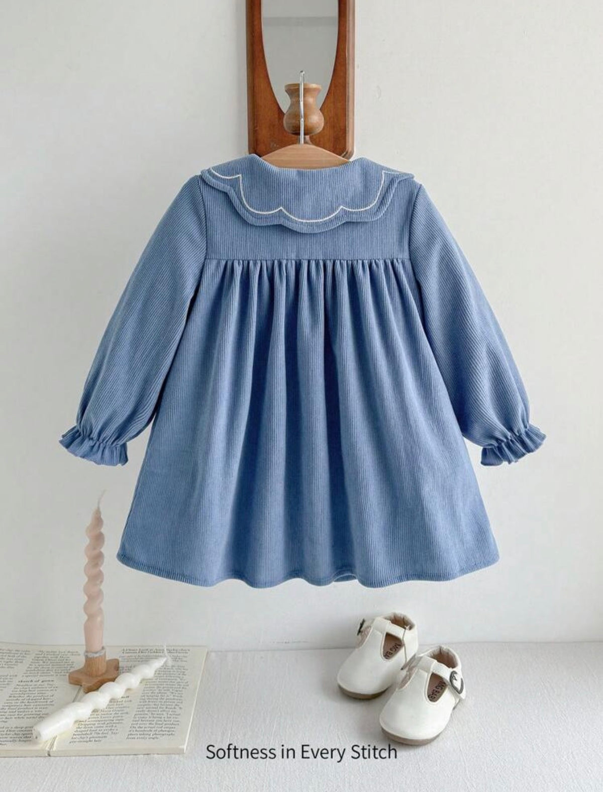 Girl Plant Floral Print Ruffle Collar Long Sleeve Empire Waist Dress.