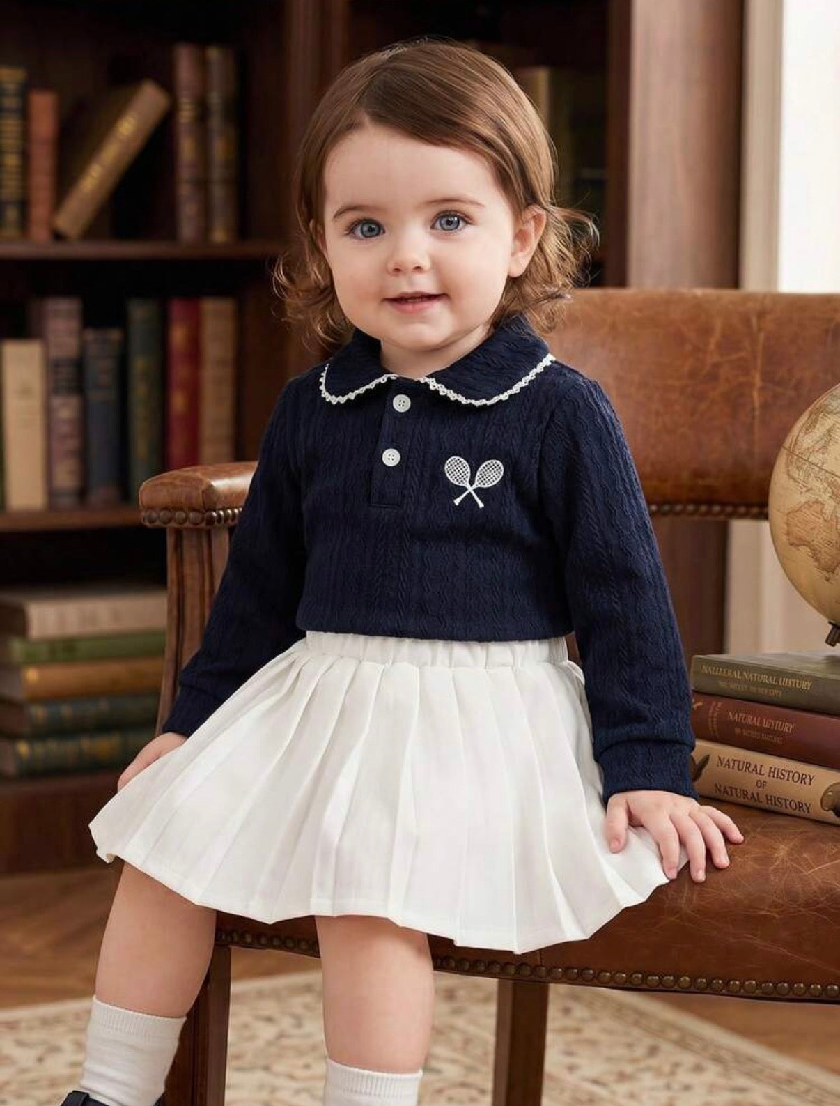 2-Piece Set, Small Cable Knit Collared Polo Cardigan + Elastic Waist Pleated Skirt.