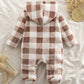 Plush Brown Vintage Plaid Pattern Long Sleeve Hoodie Footed Romper With Front Zipper Closure.