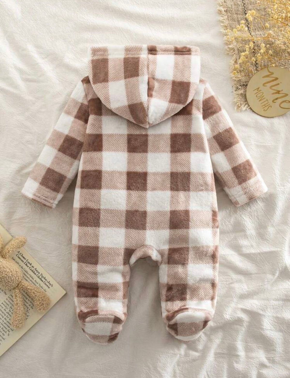 Plush Brown Vintage Plaid Pattern Long Sleeve Hoodie Footed Romper With Front Zipper Closure.