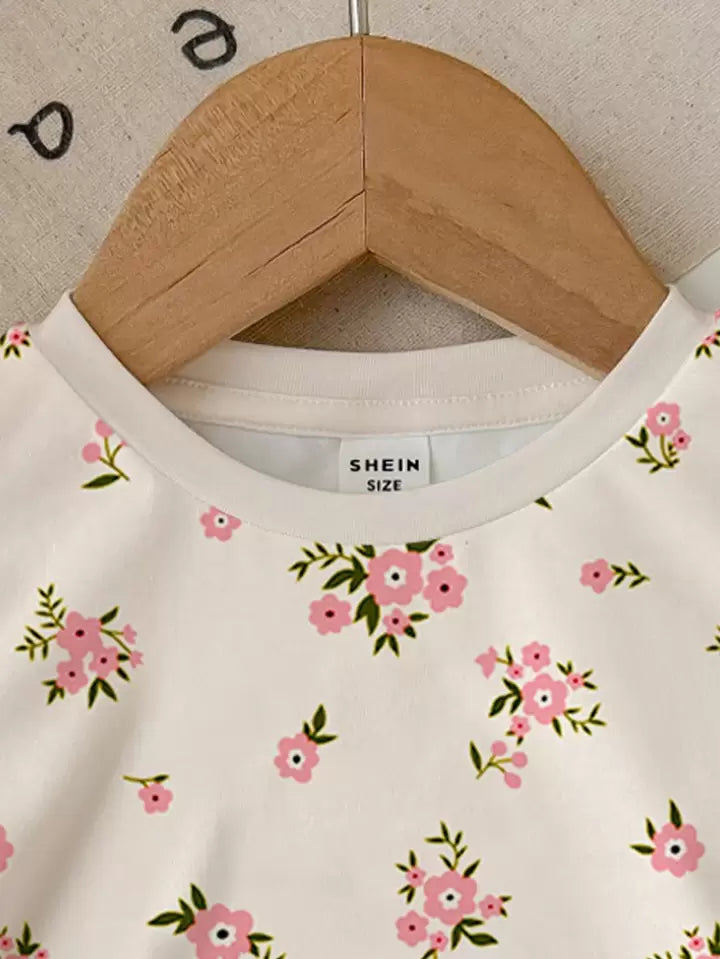 Girl Casual Floral Print Crew Neck Short Sleeve Top, Minimalist Style Suitable For Summer