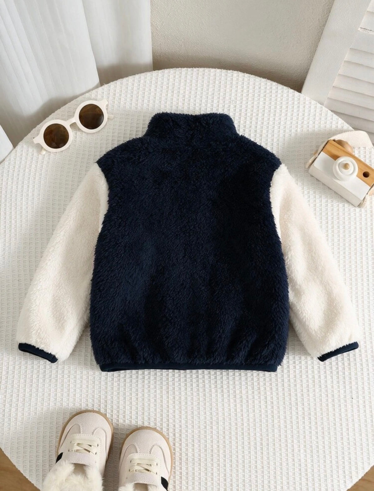 Trends Baby Boy Autumn/Winter Cute Versatile Fuzzy Colorblock Stand Collar Jacket.