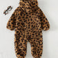 Cartoon Animal Leopard Print Thermal Lined Hooded Zip-Up Long Sleeve Jumpsuit, Suitable For Winter.