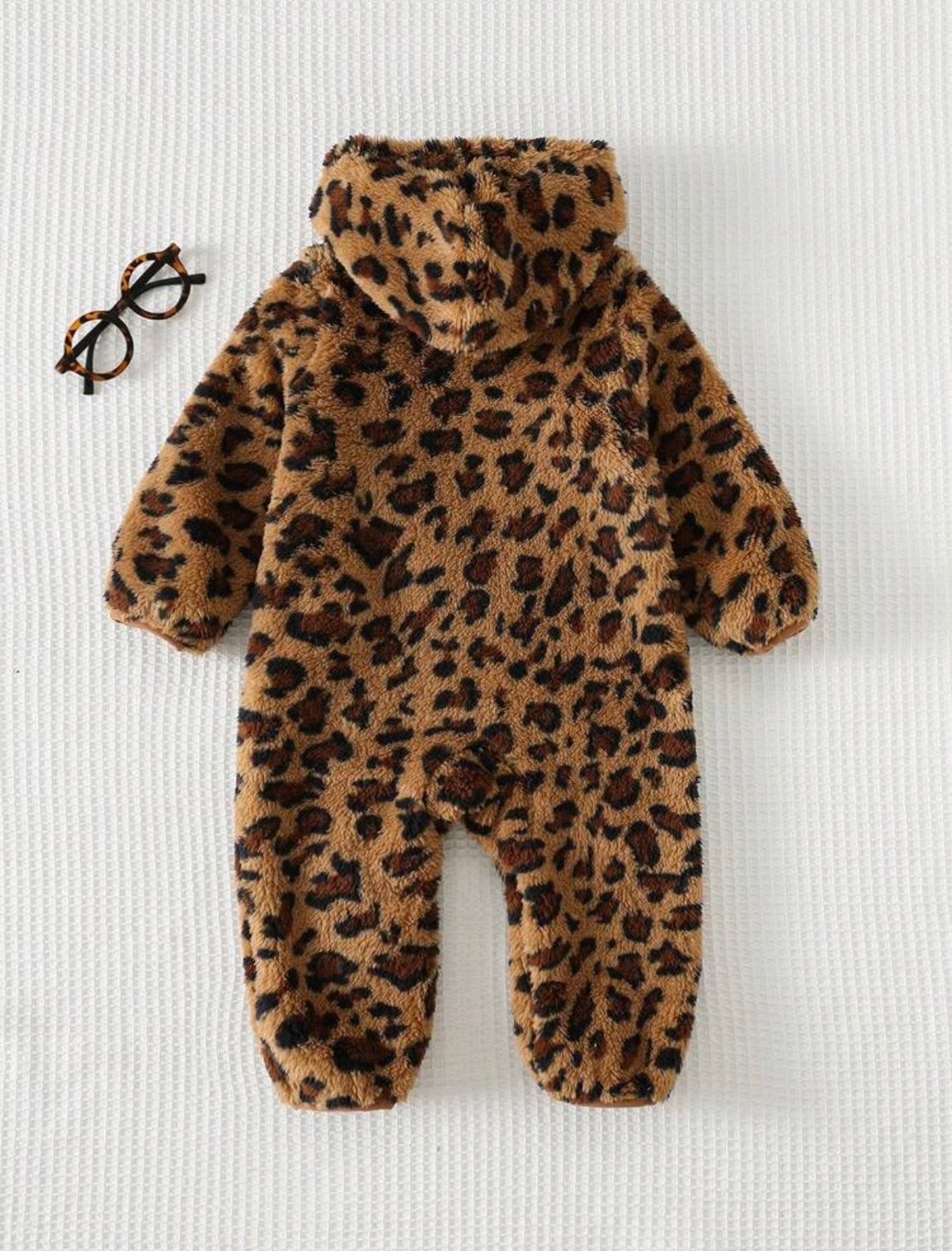 Cartoon Animal Leopard Print Thermal Lined Hooded Zip-Up Long Sleeve Jumpsuit, Suitable For Winter.