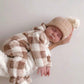 Plush Brown Vintage Plaid Pattern Long Sleeve Hoodie Footed Romper With Front Zipper Closure.