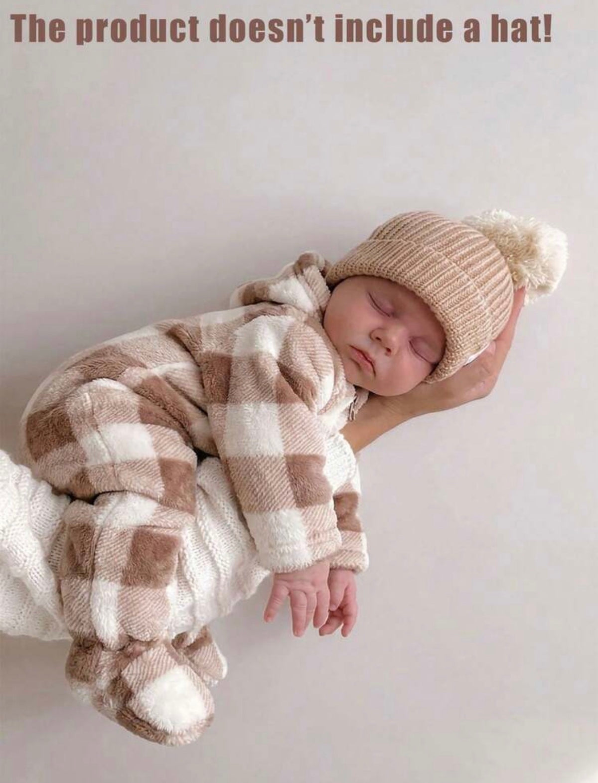 Plush Brown Vintage Plaid Pattern Long Sleeve Hoodie Footed Romper With Front Zipper Closure.