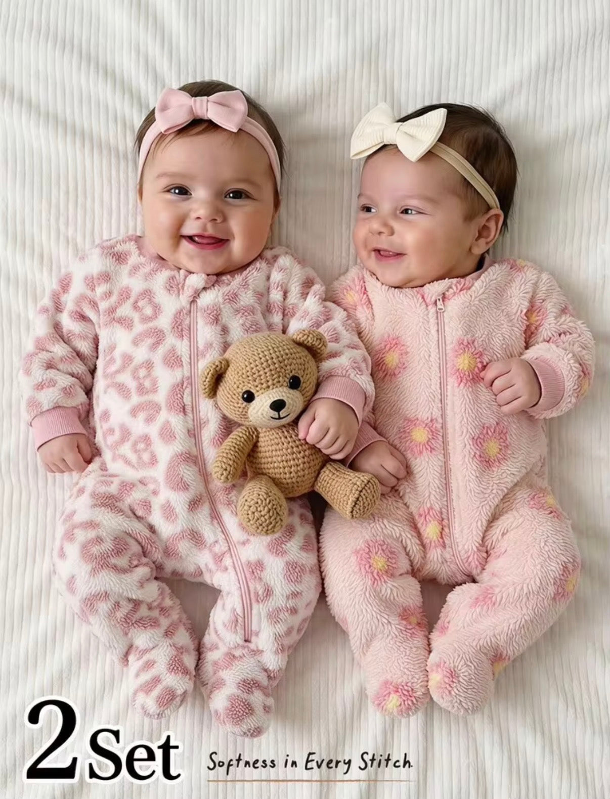 Baby Girl Floral & Leopard Print Plush Soft Round Neck Zip-Up Long Sleeve Jumpsuit (1 Pc)