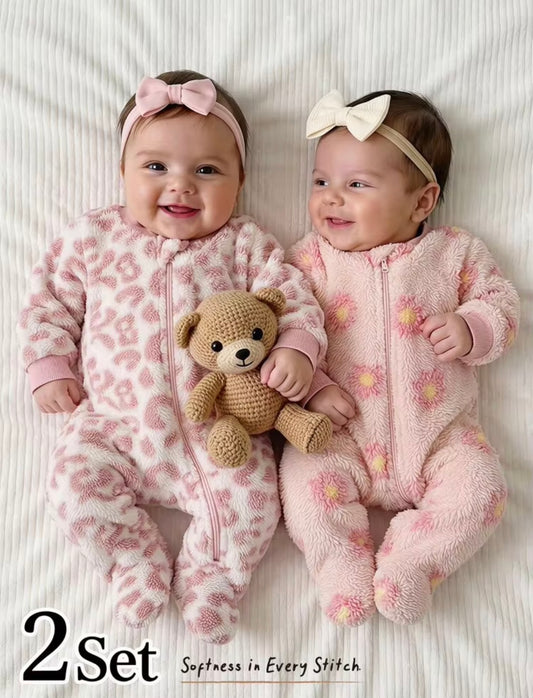 Baby Girl Floral & Leopard Print Plush Soft Round Neck Zip-Up Long Sleeve Jumpsuit (1 Pc)