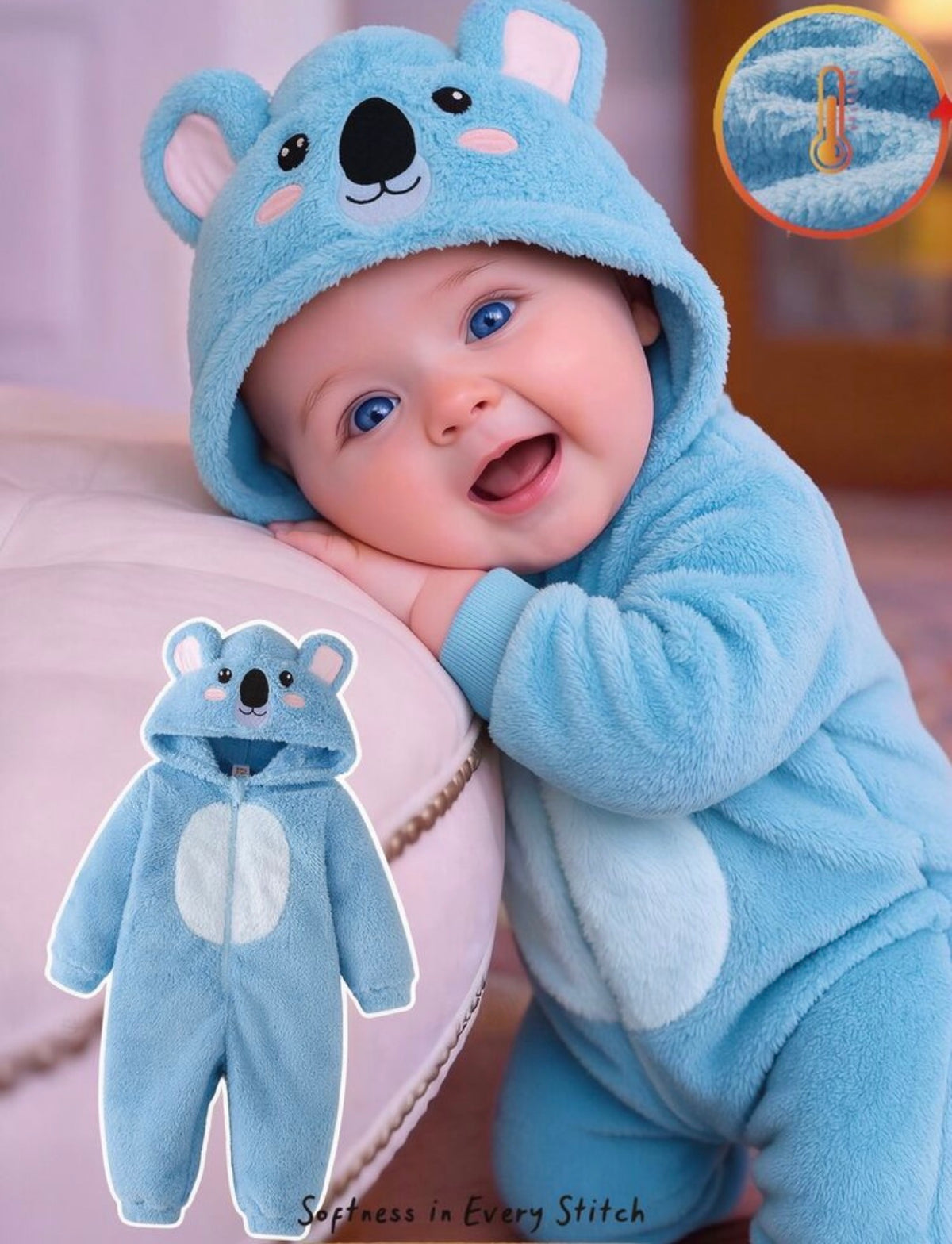 Cute 3D Big Ear Design, Blue Coral Fleece Hooded Long Sleeve Winter Romper.(Delivery By 15th October)