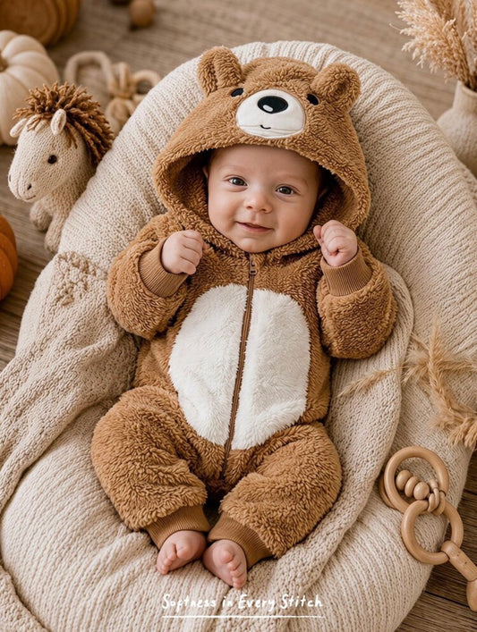 Cartoon Bear Long Sleeve Plush Romper, Suitable For Autumn/Winter.