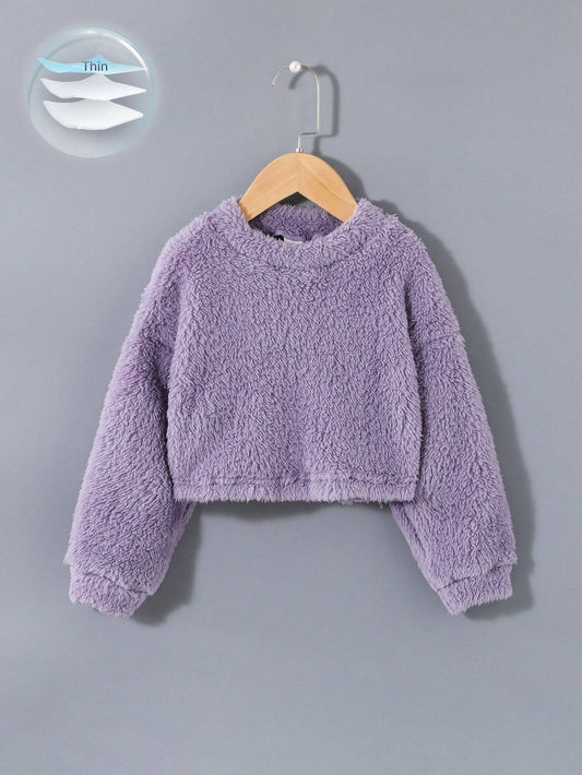 Young Girl Solid Drop Shoulder Teddy Sweatshirt