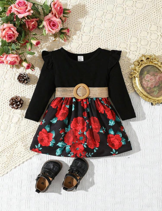 Baby Girl Floral Print Ruffle Trim Belted Dress