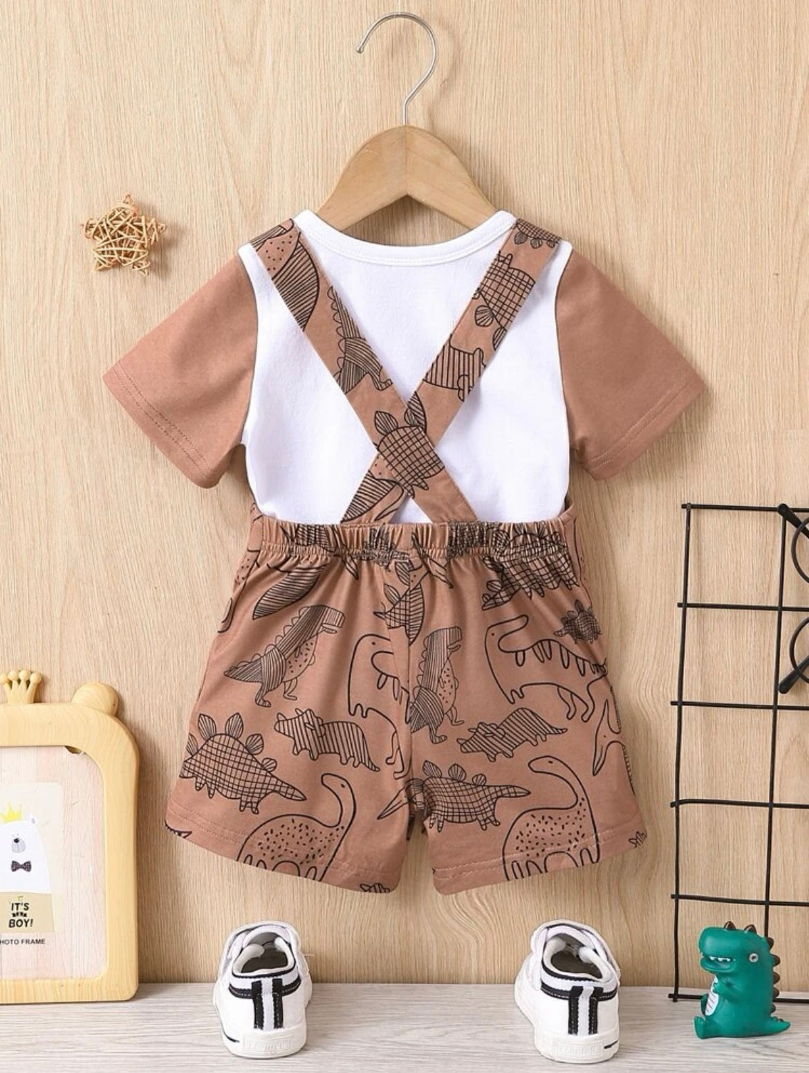 Baby Boy Colorblock Tee & Dinosaur Print Overall Romper.